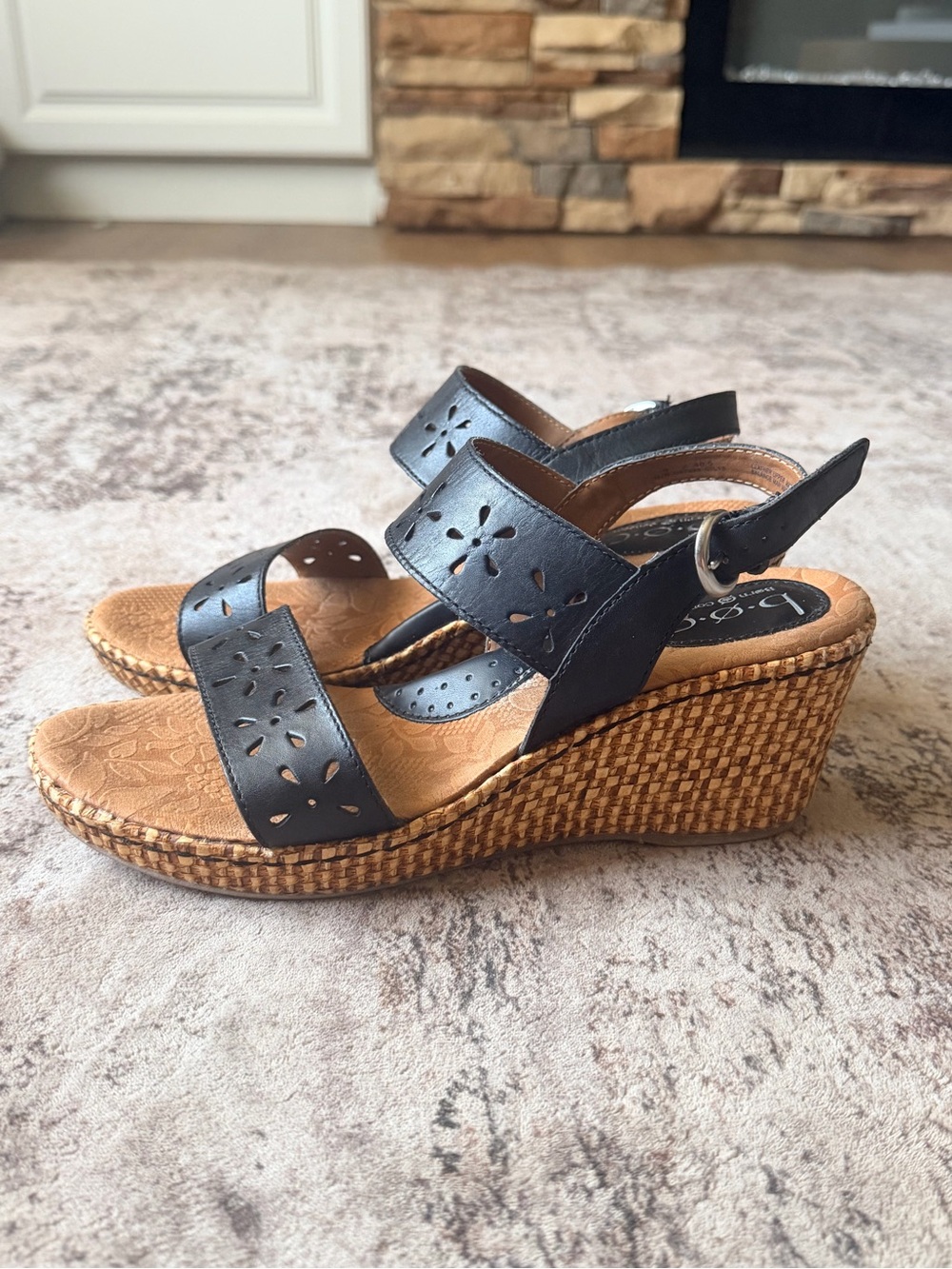 b.o.c. Black Floral Cutout Wedge Sandals